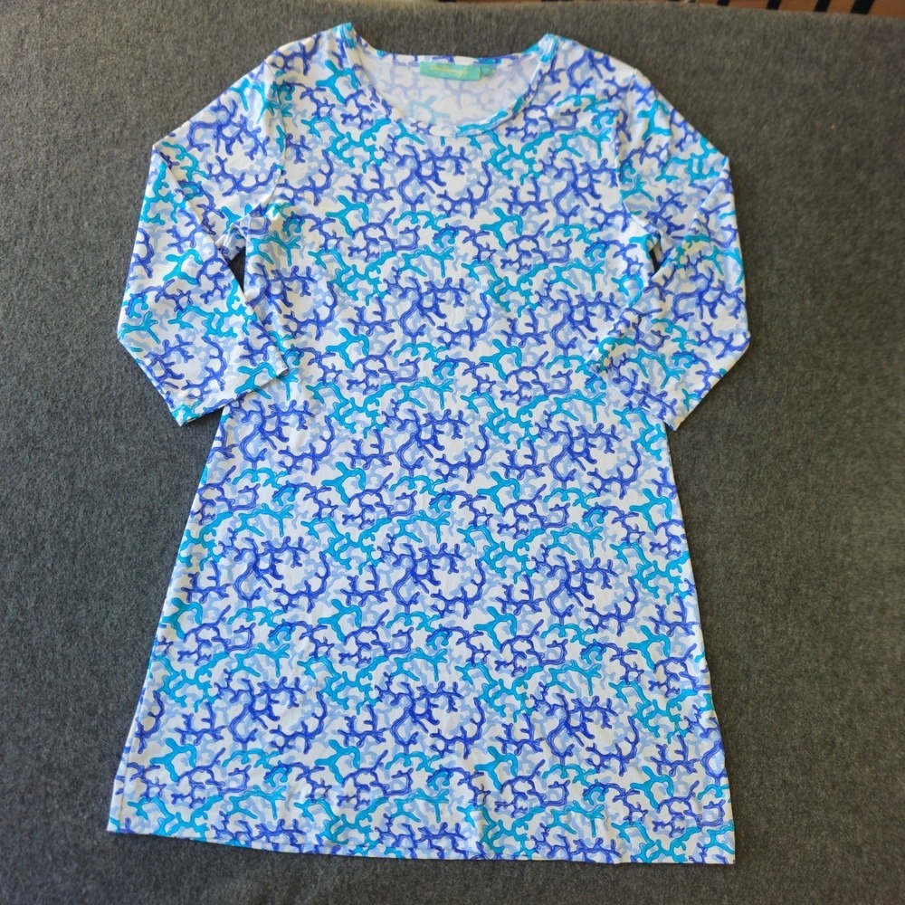 Anthony's Resortwear Dress M Blue Coral Print‎ 3/4 Sleeve Nautical Beach Coastal